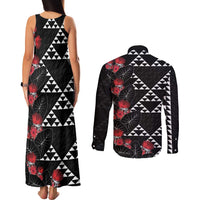 Hawaiian White Kakau Art Tattoo-Ohia Lehua and Taro Leaves Couples Matching Tank Maxi Dress and Long Sleeve Button Shirt LT03 - Polynesian Pride