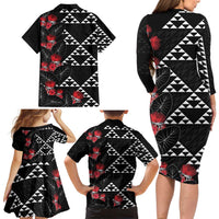 Hawaiian White Kakau Art Tattoo-Ohia Lehua and Taro Leaves Family Matching Long Sleeve Bodycon Dress and Hawaiian Shirt LT03 - Polynesian Pride