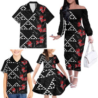 Hawaiian White Kakau Art Tattoo-Ohia Lehua and Taro Leaves Family Matching Off The Shoulder Long Sleeve Dress and Hawaiian Shirt LT03 - Polynesian Pride