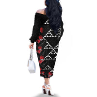 Hawaiian White Kakau Art Tattoo-Ohia Lehua and Taro Leaves Family Matching Off The Shoulder Long Sleeve Dress and Hawaiian Shirt LT03 - Polynesian Pride