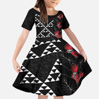 Hawaiian White Kakau Art Tattoo-Ohia Lehua and Taro Leaves Family Matching Off Shoulder Maxi Dress and Hawaiian Shirt LT03 Daughter's Dress Black-White - Polynesian Pride