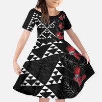 Hawaiian White Kakau Art Tattoo-Ohia Lehua and Taro Leaves Family Matching Tank Maxi Dress and Hawaiian Shirt LT03 Daughter's Dress Black-White - Polynesian Pride