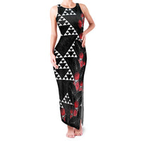 Hawaiian White Kakau Art Tattoo-Ohia Lehua and Taro Leaves Family Matching Tank Maxi Dress and Hawaiian Shirt LT03 Mom's Dress Black-White - Polynesian Pride