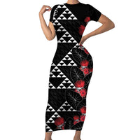 Hawaiian White Kakau Art Tattoo-Ohia Lehua and Taro Leaves Short Sleeve Bodycon Dress LT03 Long Dress Black-White - Polynesian Pride