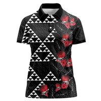 Hawaiian White Kakau Art Tattoo-Ohia Lehua and Taro Leaves Women Polo Shirt LT03 Female Black-White - Polynesian Pride