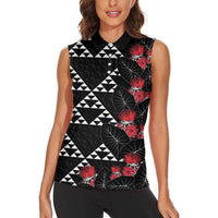 Hawaiian White Kakau Art Tattoo-Ohia Lehua and Taro Leaves Women Sleeveless Polo Shirt LT03 - Polynesian Pride