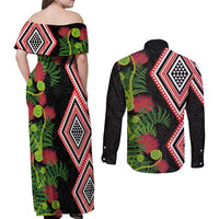Aotearoa Tukutuku Motif Couples Matching Off Shoulder Maxi Dress and Long Sleeve Button Shirt Pohutukawa and Fern Leaves LT03 - Polynesian Pride