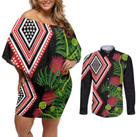 Aotearoa Tukutuku Motif Couples Matching Off Shoulder Short Dress and Long Sleeve Button Shirt Pohutukawa and Fern Leaves LT03 Black - Polynesian Pride
