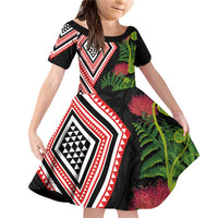 Aotearoa Tukutuku Motif Family Matching Off Shoulder Short Dress and Hawaiian Shirt Pohutukawa and Fern Leaves LT03 Daughter's Dress Black - Polynesian Pride