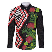 Aotearoa Tukutuku Motif Family Matching Summer Maxi Dress and Hawaiian Shirt Pohutukawa and Fern Leaves LT03 Dad's Shirt - Long Sleeve Black - Polynesian Pride