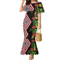 Aotearoa Tukutuku Motif Mermaid Dress Pohutukawa and Fern Leaves LT03 Women Black - Polynesian Pride
