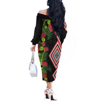 Aotearoa Tukutuku Motif Off The Shoulder Long Sleeve Dress Pohutukawa and Fern Leaves