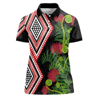 Aotearoa Tukutuku Motif Women Polo Shirt Pohutukawa and Fern Leaves LT03 Female Black - Polynesian Pride