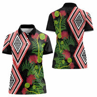 Aotearoa Tukutuku Motif Women Polo Shirt Pohutukawa and Fern Leaves LT03 - Polynesian Pride