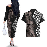 Aotearoa Tukutuku Motif Couples Matching Off The Shoulder Long Sleeve Dress and Hawaiian Shirt Pohutukawa and Fern Leaves Grayscale Color LT03 - Polynesian Pride