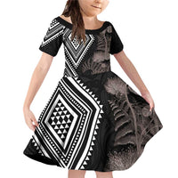 Aotearoa Tukutuku Motif Family Matching Off Shoulder Short Dress and Hawaiian Shirt Pohutukawa and Fern Leaves Grayscale Color LT03 Daughter's Dress Black - Polynesian Pride