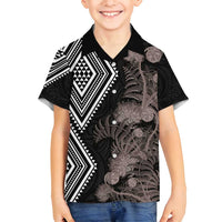 Aotearoa Tukutuku Motif Family Matching Off Shoulder Short Dress and Hawaiian Shirt Pohutukawa and Fern Leaves Grayscale Color LT03 Son's Shirt Black - Polynesian Pride