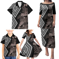 Aotearoa Tukutuku Motif Family Matching Puletasi and Hawaiian Shirt Pohutukawa and Fern Leaves Grayscale Color LT03 - Polynesian Pride