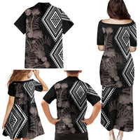 Aotearoa Tukutuku Motif Family Matching Puletasi and Hawaiian Shirt Pohutukawa and Fern Leaves Grayscale Color LT03 - Polynesian Pride