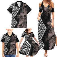 Aotearoa Tukutuku Motif Family Matching Summer Maxi Dress and Hawaiian Shirt Pohutukawa and Fern Leaves Grayscale Color LT03 - Polynesian Pride
