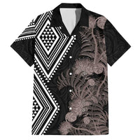 Aotearoa Tukutuku Motif Family Matching Summer Maxi Dress and Hawaiian Shirt Pohutukawa and Fern Leaves Grayscale Color LT03 Dad's Shirt - Short Sleeve Black - Polynesian Pride