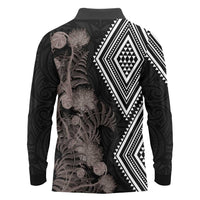 Aotearoa Tukutuku Motif Long Sleeve Polo Shirt Pohutukawa and Fern Leaves Grayscale Color