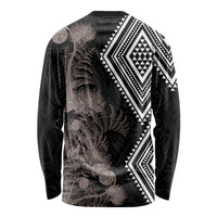 Aotearoa Tukutuku Motif Long Sleeve Shirt Pohutukawa and Fern Leaves Grayscale Color