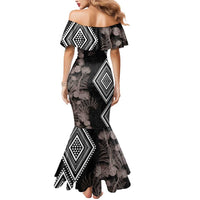 Aotearoa Tukutuku Motif Mermaid Dress Pohutukawa and Fern Leaves Grayscale Color LT03 - Polynesian Pride