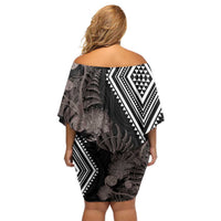 Aotearoa Tukutuku Motif Off Shoulder Short Dress Pohutukawa and Fern Leaves Grayscale Color LT03 - Polynesian Pride