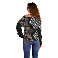 Aotearoa Tukutuku Motif Off Shoulder Sweater Pohutukawa and Fern Leaves Grayscale Color LT03 - Polynesian Pride