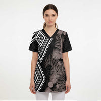 Aotearoa Tukutuku Motif Scrub Top Pohutukawa and Fern Leaves Grayscale Color - Polynesian Pride