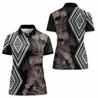 Aotearoa Tukutuku Motif Women Polo Shirt Pohutukawa and Fern Leaves Grayscale Color LT03 - Polynesian Pride