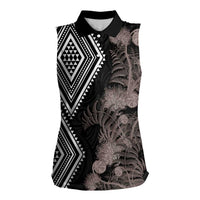 Aotearoa Tukutuku Motif Women Sleeveless Polo Shirt Pohutukawa and Fern Leaves Grayscale Color