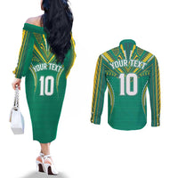 Custom Cook Islands Rugby Couples Matching Off The Shoulder Long Sleeve Dress and Long Sleeve Button Shirt Tatau Art Sport Style Green Color LT03 - Polynesian Pride