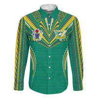 Custom Cook Islands Rugby Family Matching Off Shoulder Short Dress and Hawaiian Shirt Tatau Art Sport Style Green Color LT03 Dad's Shirt - Long Sleeve Green - Polynesian Pride