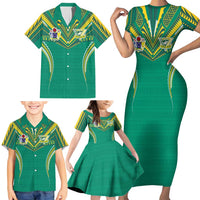 Custom Cook Islands Rugby Family Matching Short Sleeve Bodycon Dress and Hawaiian Shirt Tatau Art Sport Style Green Color LT03 - Polynesian Pride