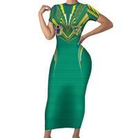 Custom Cook Islands Rugby Family Matching Short Sleeve Bodycon Dress and Hawaiian Shirt Tatau Art Sport Style Green Color LT03 Mom's Dress Green - Polynesian Pride