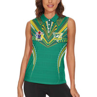 Custom Cook Islands Rugby Women Sleeveless Polo Shirt Tatau Art Sport Style Green Color LT03 - Polynesian Pride