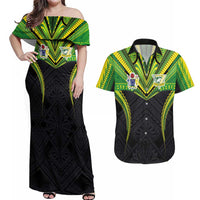Custom Cook Islands Rugby Couples Matching Off Shoulder Maxi Dress and Hawaiian Shirt Tatau Art Sport Style Black Color LT03 Black - Polynesian Pride