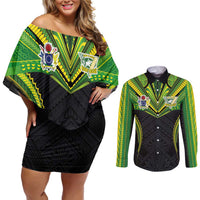 Custom Cook Islands Rugby Couples Matching Off Shoulder Short Dress and Long Sleeve Button Shirt Tatau Art Sport Style Black Color LT03 Black - Polynesian Pride