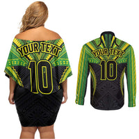 Custom Cook Islands Rugby Couples Matching Off Shoulder Short Dress and Long Sleeve Button Shirt Tatau Art Sport Style Black Color LT03 - Polynesian Pride