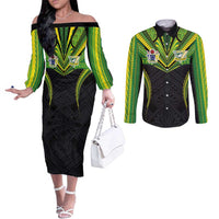 Custom Cook Islands Rugby Couples Matching Off The Shoulder Long Sleeve Dress and Long Sleeve Button Shirt Tatau Art Sport Style Black Color LT03 Black - Polynesian Pride