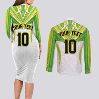 Custom Cook Islands Rugby Couples Matching Long Sleeve Bodycon Dress and Long Sleeve Button Shirt Tatau Art Sport Style White Color LT03 - Polynesian Pride