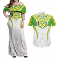 Custom Cook Islands Rugby Couples Matching Off Shoulder Maxi Dress and Hawaiian Shirt Tatau Art Sport Style White Color LT03 White - Polynesian Pride