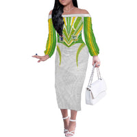 Custom Cook Islands Rugby Family Matching Off The Shoulder Long Sleeve Dress and Hawaiian Shirt Tatau Art Sport Style White Color LT03 Mom's Dress White - Polynesian Pride