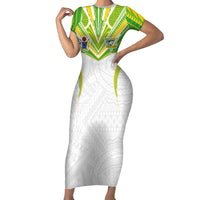 Custom Cook Islands Rugby Family Matching Short Sleeve Bodycon Dress and Hawaiian Shirt Tatau Art Sport Style White Color LT03 Mom's Dress White - Polynesian Pride