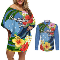 Micronesia Constitution Day Couples Matching Off Shoulder Short Dress and Long Sleeve Button Shirt Hibiscus and Tapa Tribal Pattern LT03 Blue - Polynesian Pride