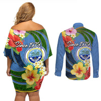 Micronesia Constitution Day Couples Matching Off Shoulder Short Dress and Long Sleeve Button Shirt Hibiscus and Tapa Tribal Pattern LT03 - Polynesian Pride
