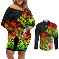 Polynesia Victory Day Couples Matching Off Shoulder Short Dress and Long Sleeve Button Shirt Tribal Turtle and Hibiscus LT03 Reggae - Polynesian Pride