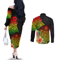 Polynesia Victory Day Couples Matching Off The Shoulder Long Sleeve Dress and Long Sleeve Button Shirt Tribal Turtle and Hibiscus LT03 - Polynesian Pride